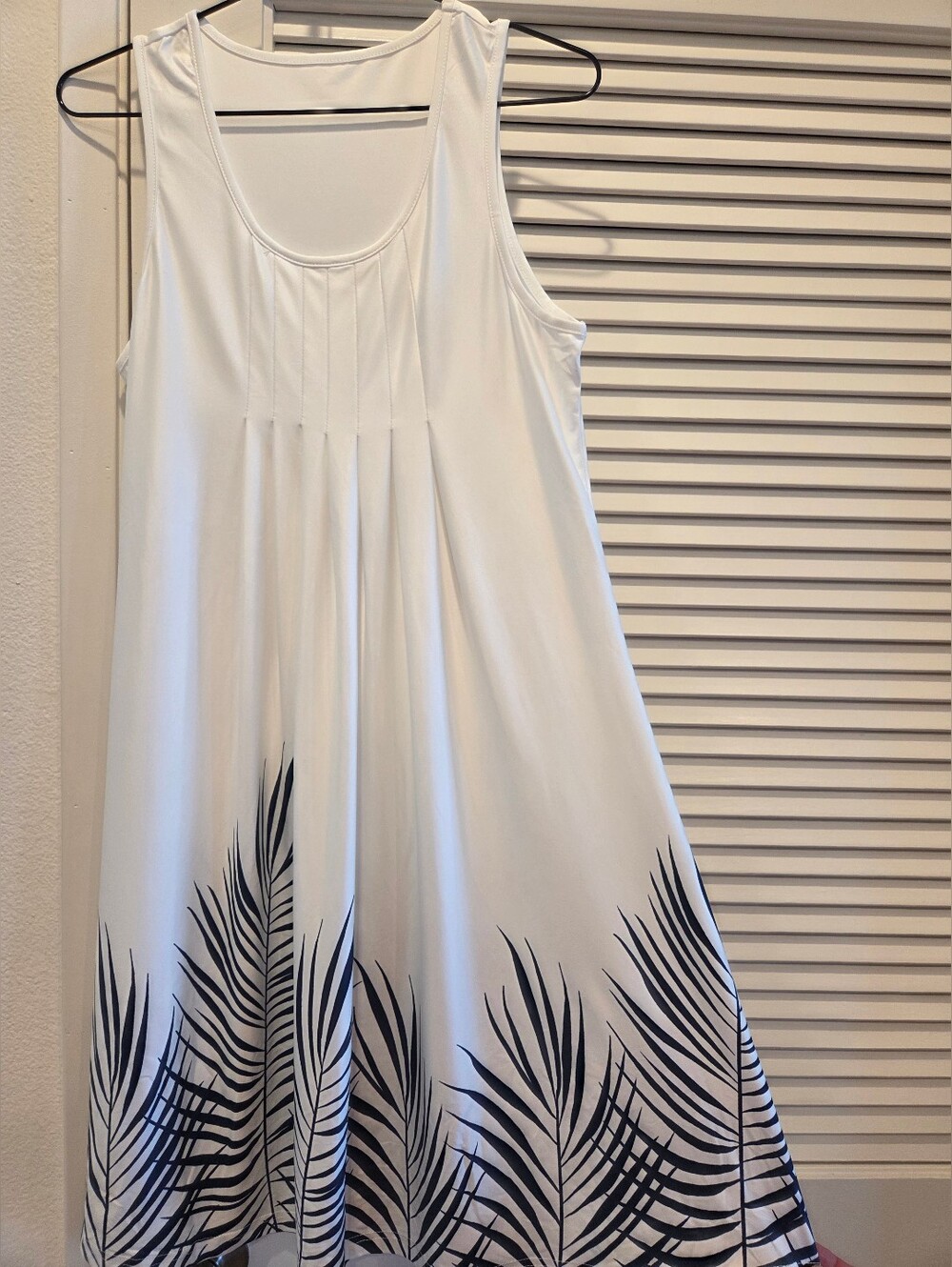 White Tank Dress with Navy Palm Print, Size M